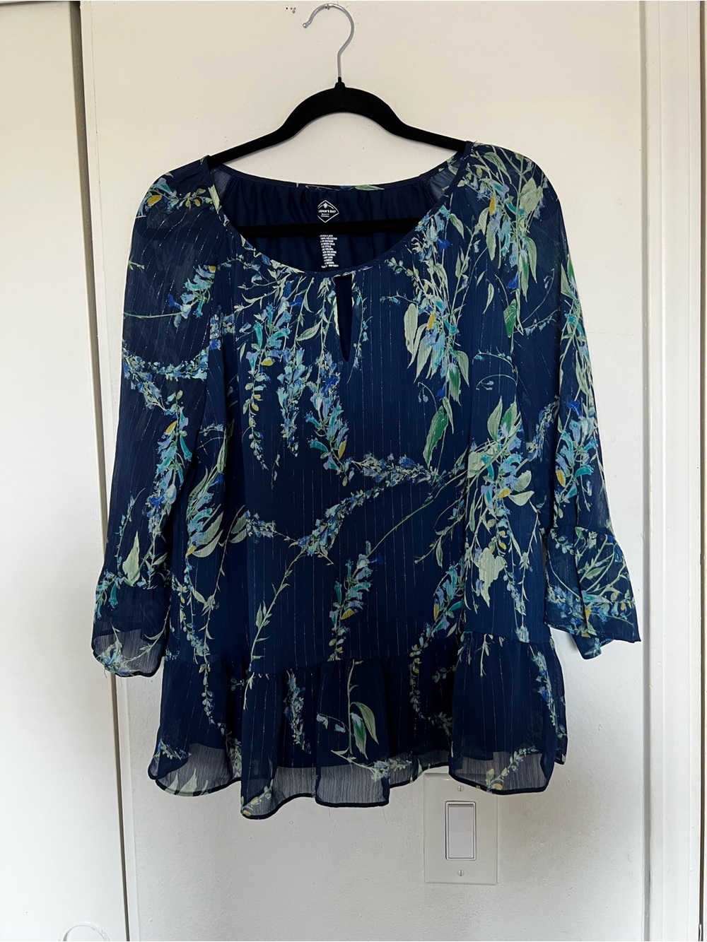 St. John's Bay Navy Floral Keyhole Ruffle Blouse